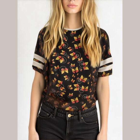 LuLaRoe Womens Top Sz XXS Irma Tunic Butterfly Print‎ Black Pale Yellow NEW - Picture 1 of 8